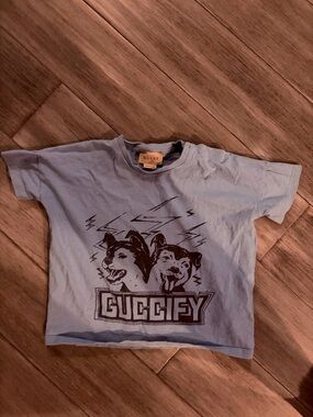 Gucci Light Blue Graphic 'Guccify' Kids Tee with Dog Print